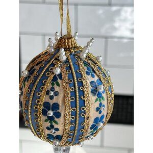 Vtg NEW Handmade Blue GoldFaux Pearl Push Pin Beaded Christmas Ornament Perfect!